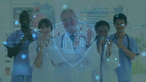 animation of padlock icon over diverse doctors clapping in hospital