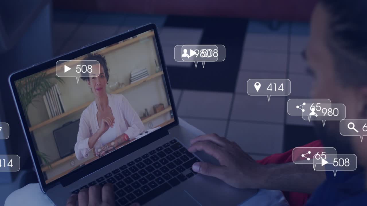 Man opening laptop calling woman greeting with floating icons tracking social media metrics