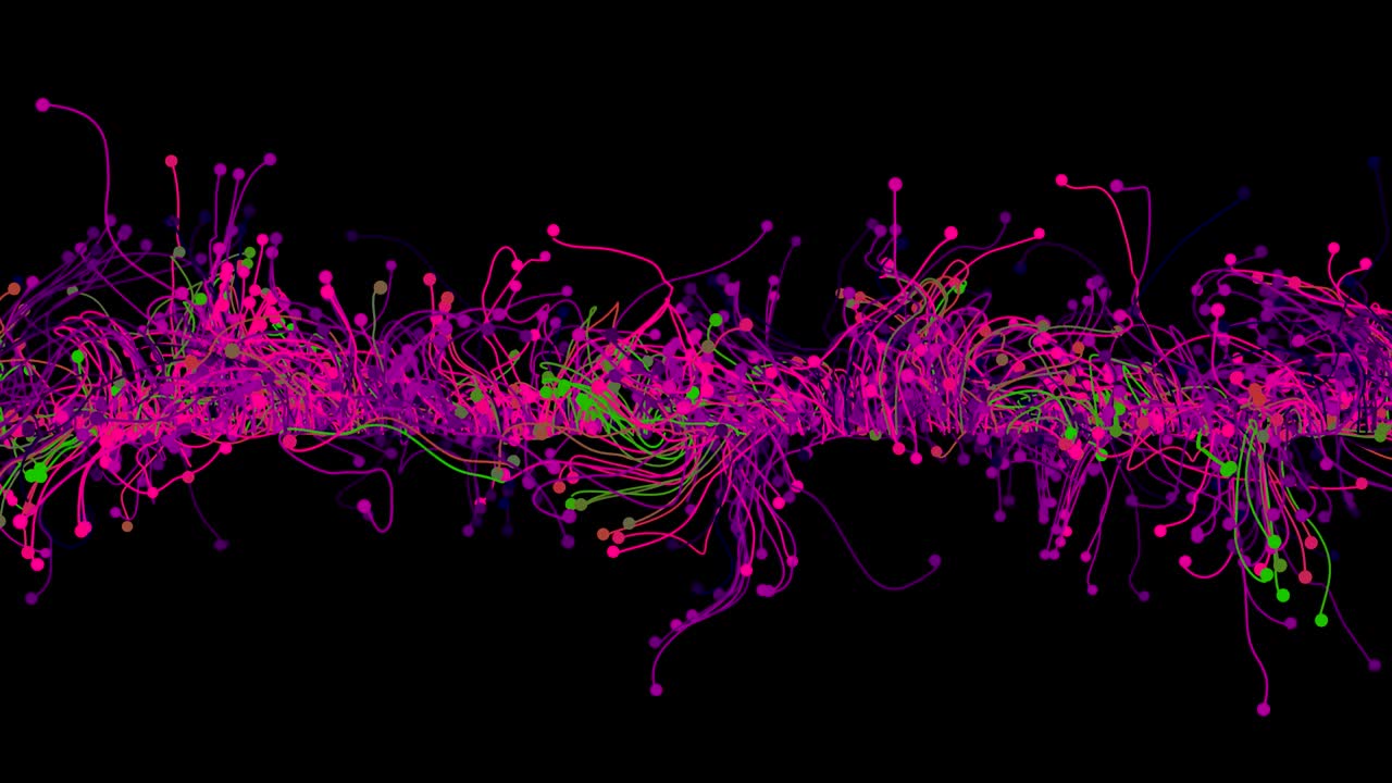 흔적이 있는 추상적인 입자들.