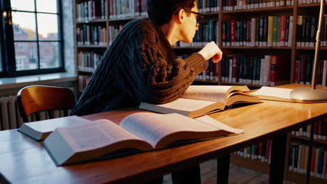 estudiante leyendo en una biblioteca