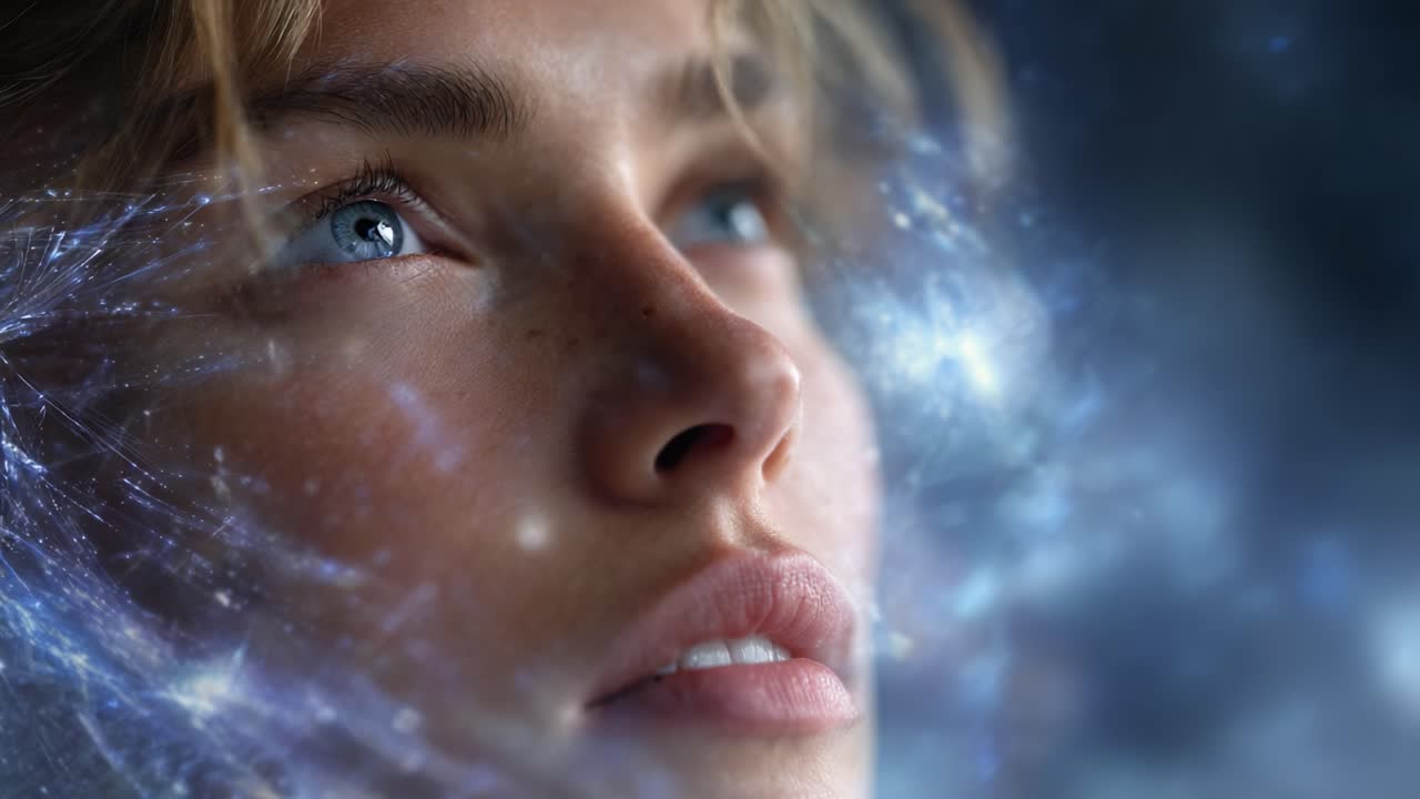 A Close-Up Exploration of Mystical Beauty: Capturing the Ethereal Essence of a Woman's Expression in a Transcendent Cosmic Background