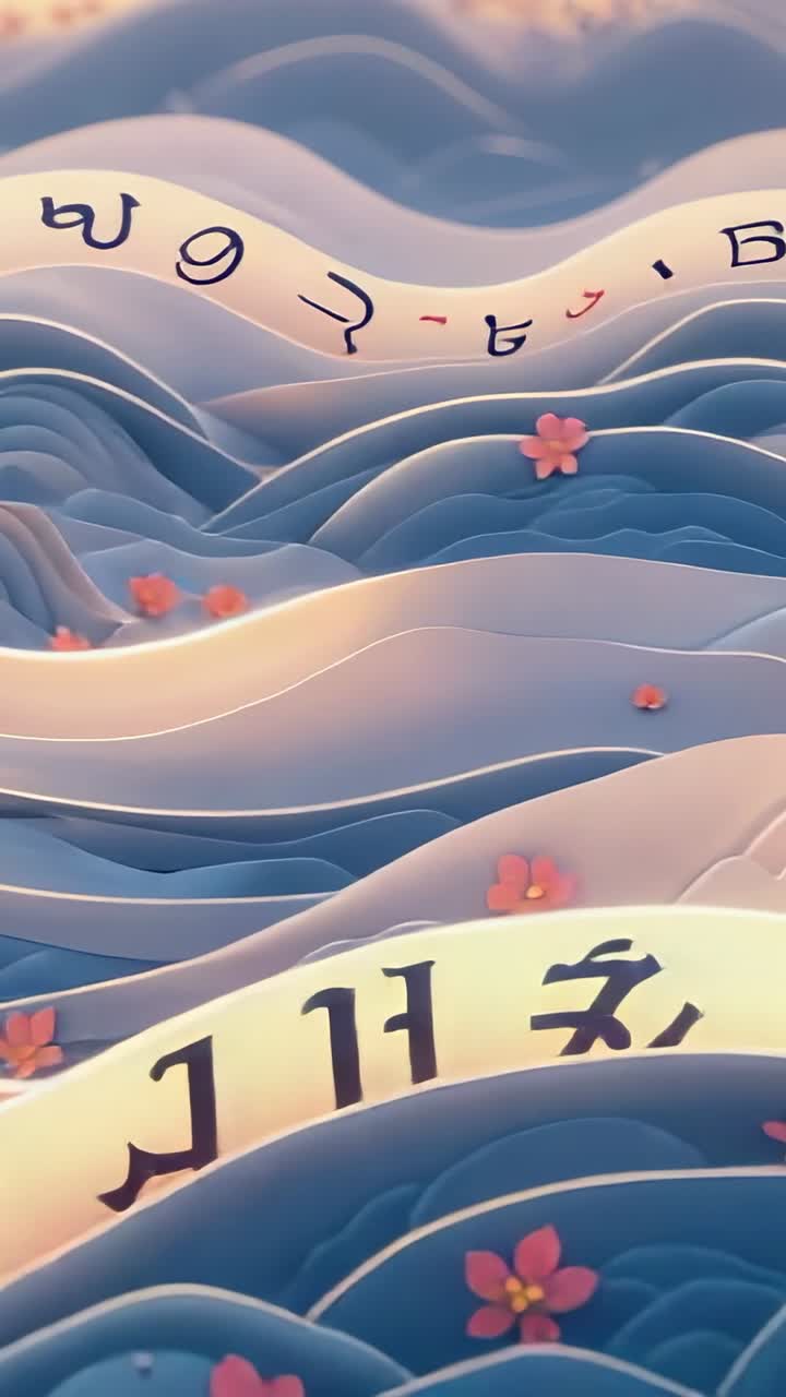 Vertical video: Emerging golden ribbon arcing over blue waves, symbols and petals bringing peace