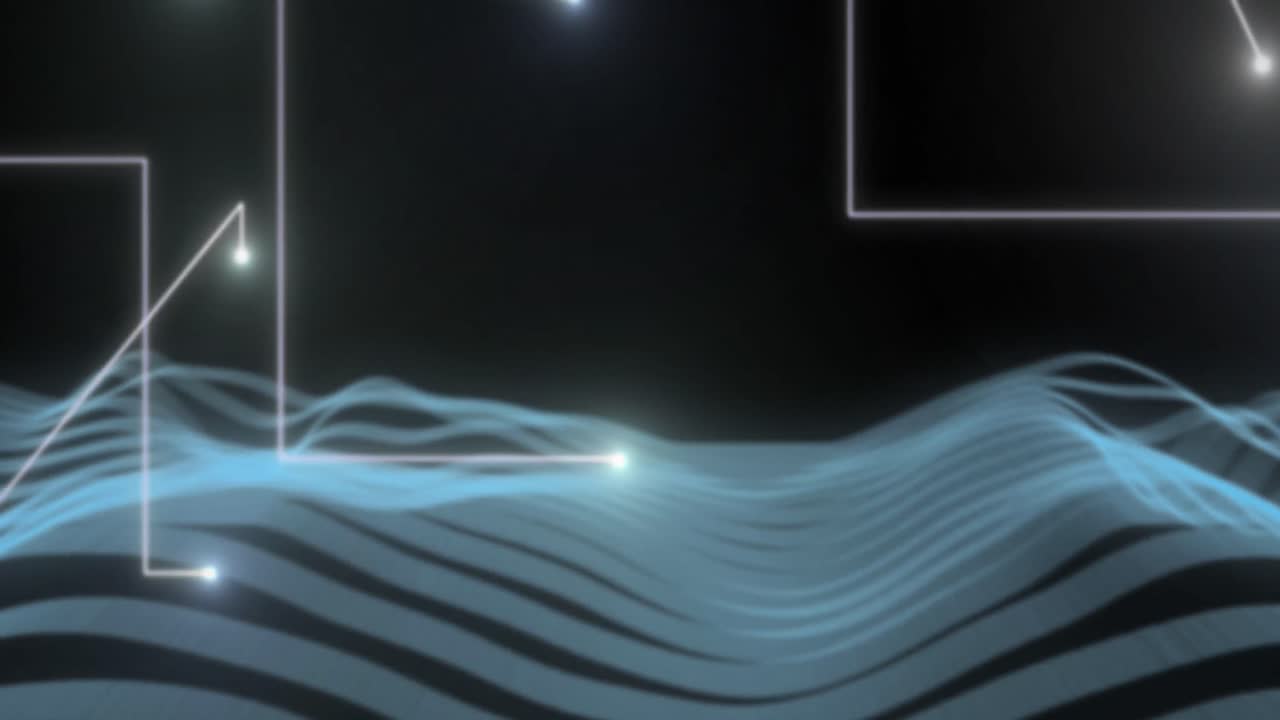 검은색 바탕에 파란색 파도 위에 모양을 그리는 불빛의 애니메이션