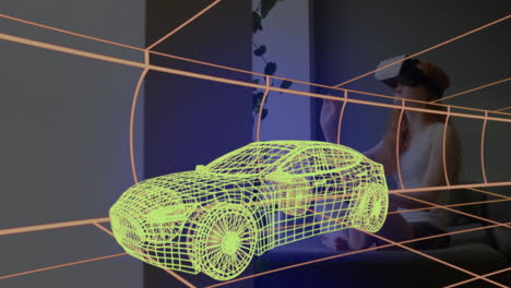 animation of 3d technical drawing of car, over woman at home wearing vr headset