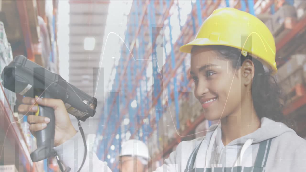 animación del procesamiento de datos sobre la mujer que trabaja en el almacén