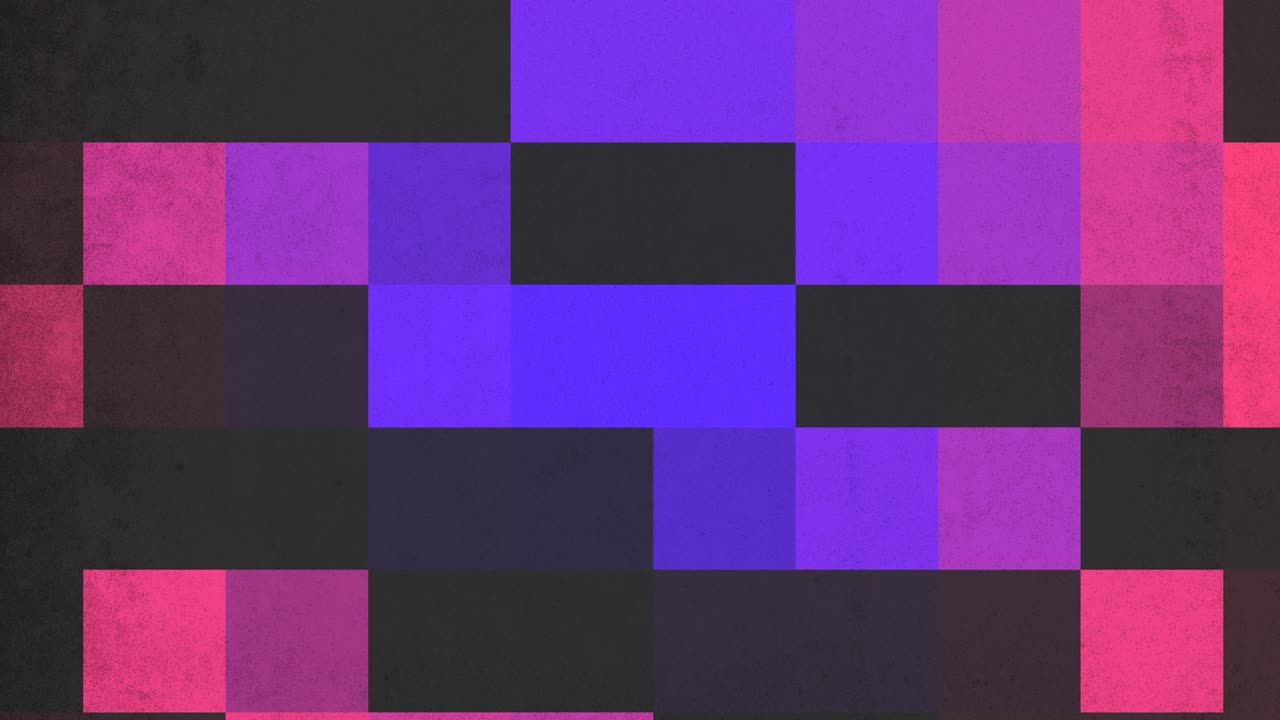 Vibrant collage of purple, pink, and black squares in a grid pattern, creating a visually striking and colorful composition