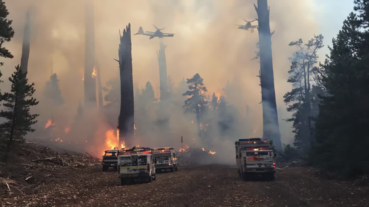 Firefighters Battling Wildfire with Helicopters and Fire Trucks