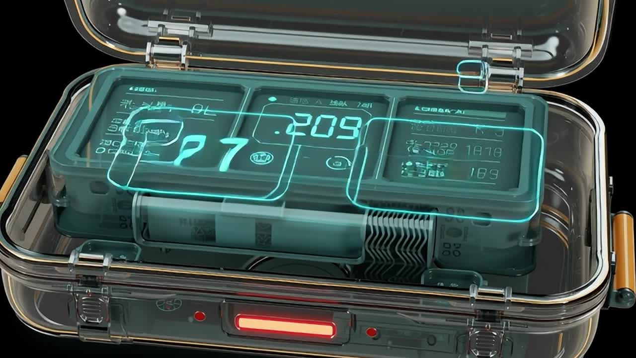 High-tech gadget storage case with transparent design and digital display