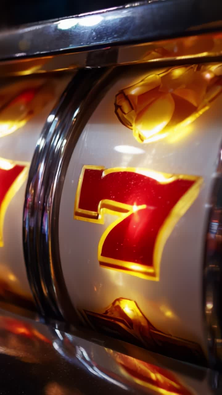 Emozionante primo piano di un rullo di slot machine con l'iconico sette rosso, simboli luminosi e luci scintillanti in un vivace ambiente da casinò