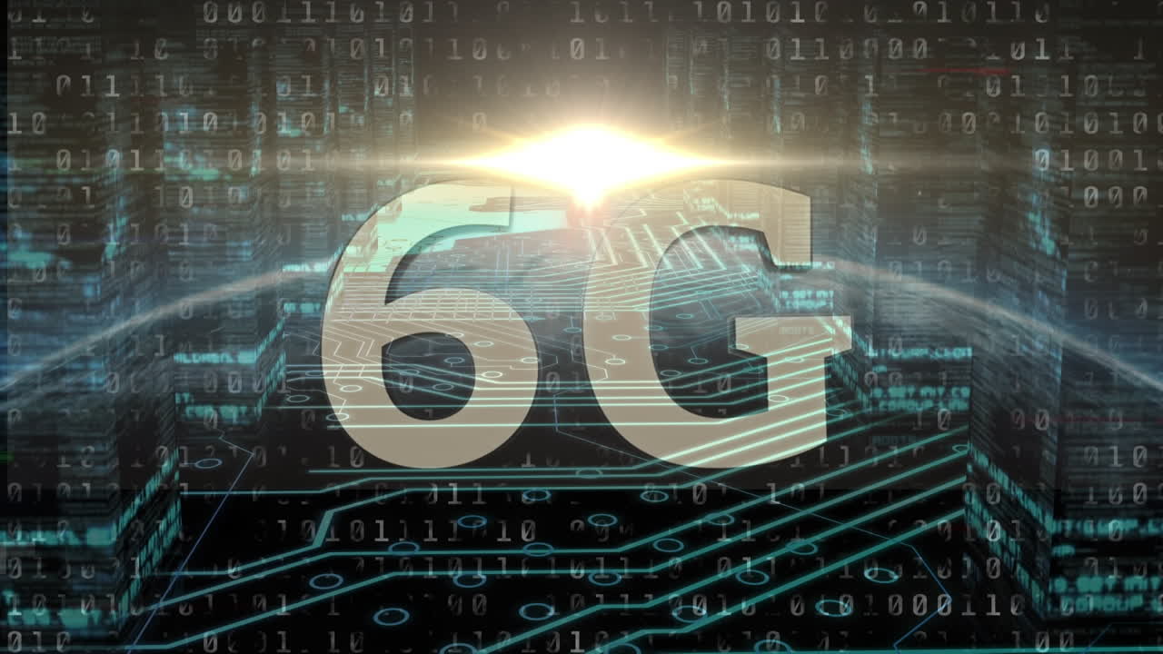 animazione della luce, codice binario, circuito integrato, globo e 6g