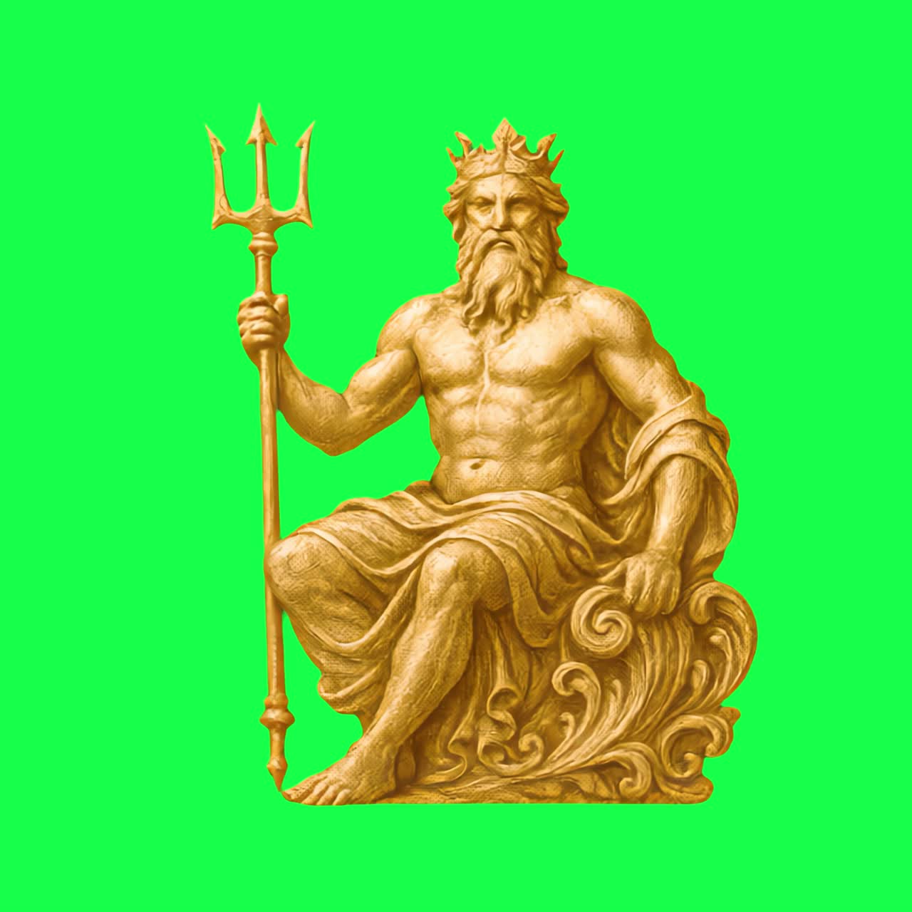 Golden Poseidon statue trident vibrant animation, transparent 4K video, green screen