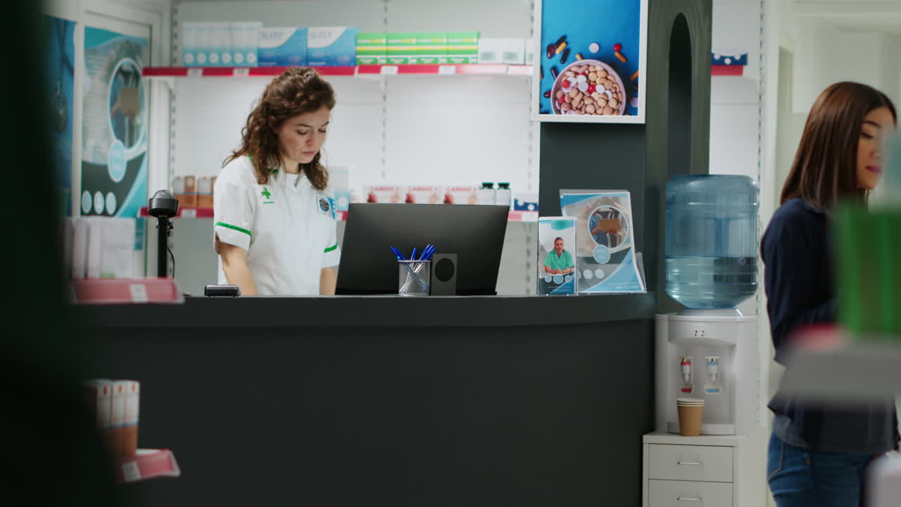 Pharmacist assisting a customer at the pharmacy counter