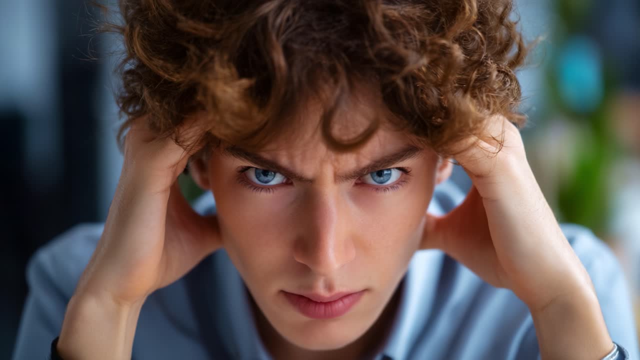 Espressione intensa di frustrazione e concentrazione: primo piano di un giovane uomo con capelli ricci che mostra segni di stress e profonda riflessione alla scrivania