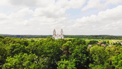 aerial close up kurtuvenai st. jacob church in kurtuvenai regional park.