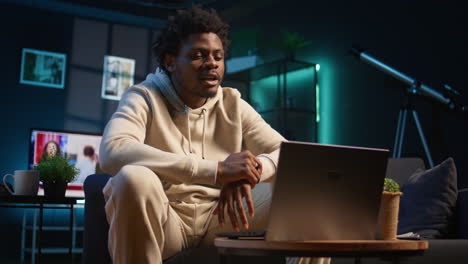 african american applicant at a virtual job interview via online video call, applying for job vacancy listed on web recruiting platform. ambitious person looking to get hired, job offer. camera b.