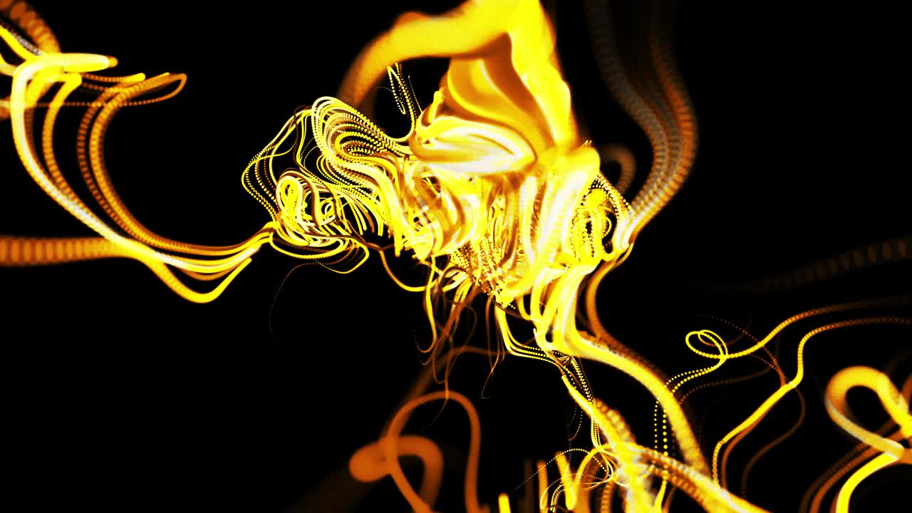 abstracto hermoso fondo de amarillo brillante flujo de líneas hechas de partículas. líneas crecen y forman abstractos hermosos rizos en el espacio. hermoso flujo de líneas de racimo en movimiento. hermosas rizos.