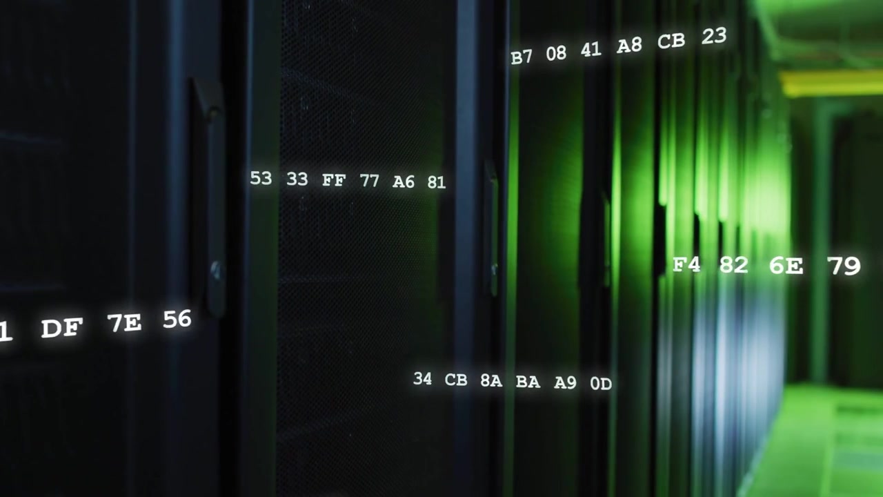 Tall server cabinets lining aisle, camera moving forward while hex codes rising, showing data flow