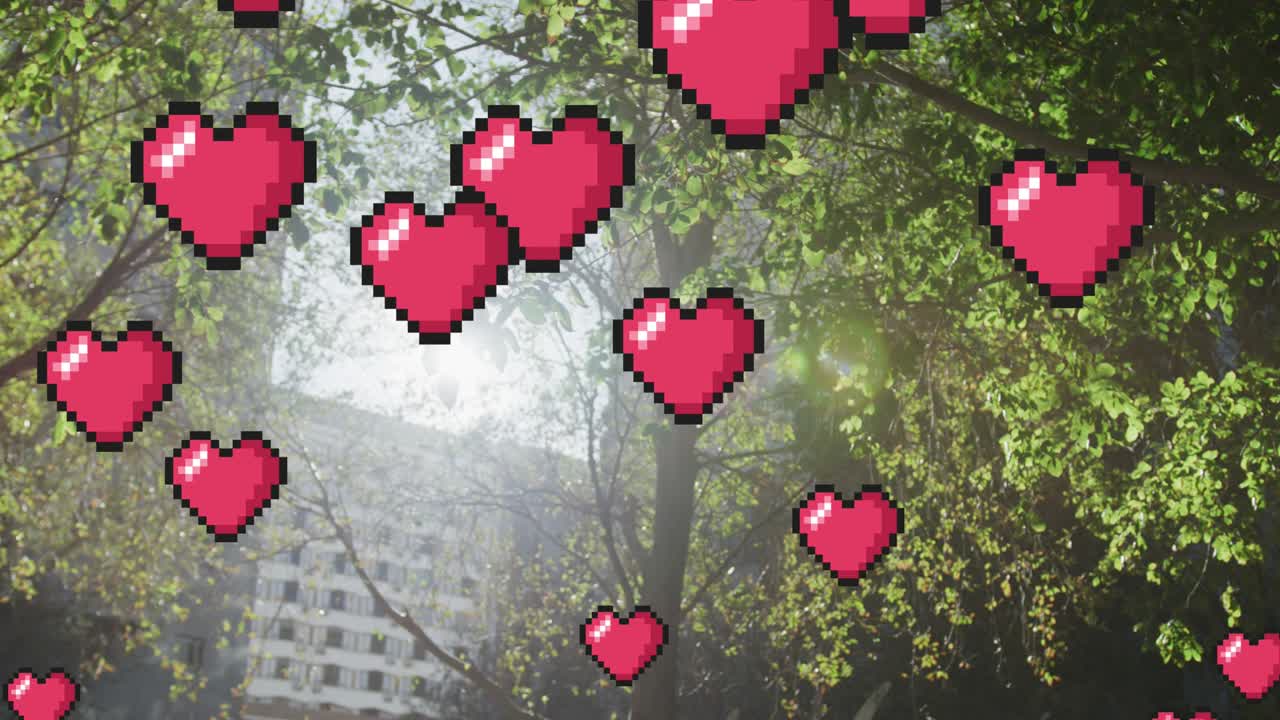 animación de la caída de los iconos de las redes sociales sobre el parque soleado