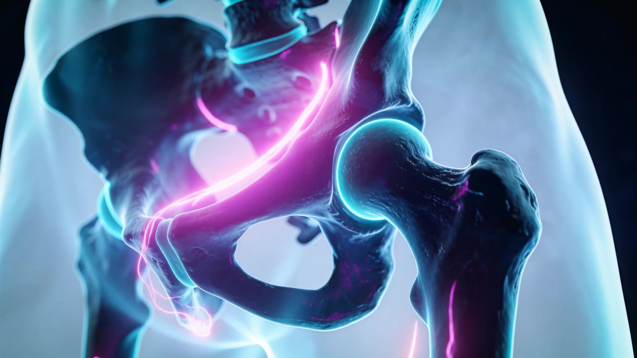 Glowing femoral head causing right hip tracing neon-paths to acetabulum in animation showing joint