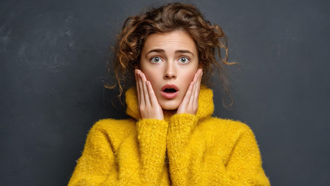 Expression of Surprise: A Young Woman in a Cozy Yellow Sweater Displays a Range of Emotions, Transitioning from Shock to Concern in Two Frames