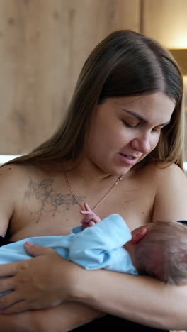 long-haired caucasian mother waving a newborn in hands. happy woman canoodling her baby. vertical video