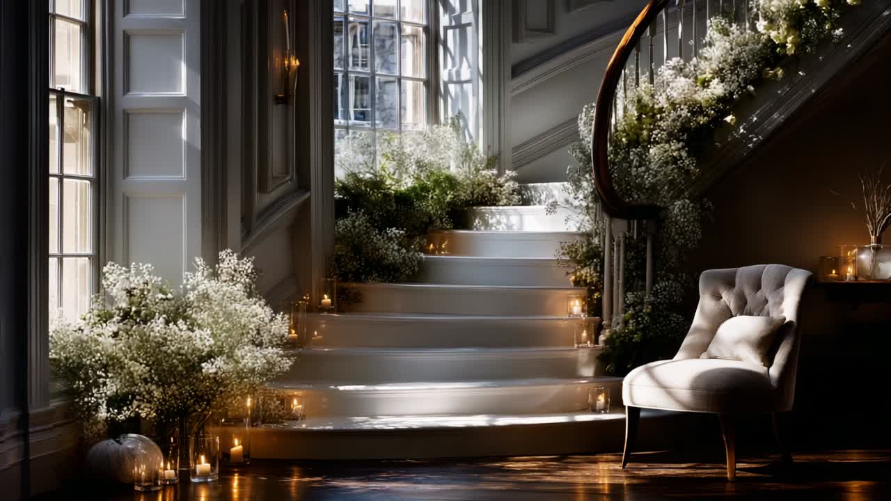 A Serene and Elegant Staircase Adorned with Delicate Floral Arrangements and Soft Candlelight, Creating a Magical Ambiance for Celebrations in a Beautifully Lit Interior Space