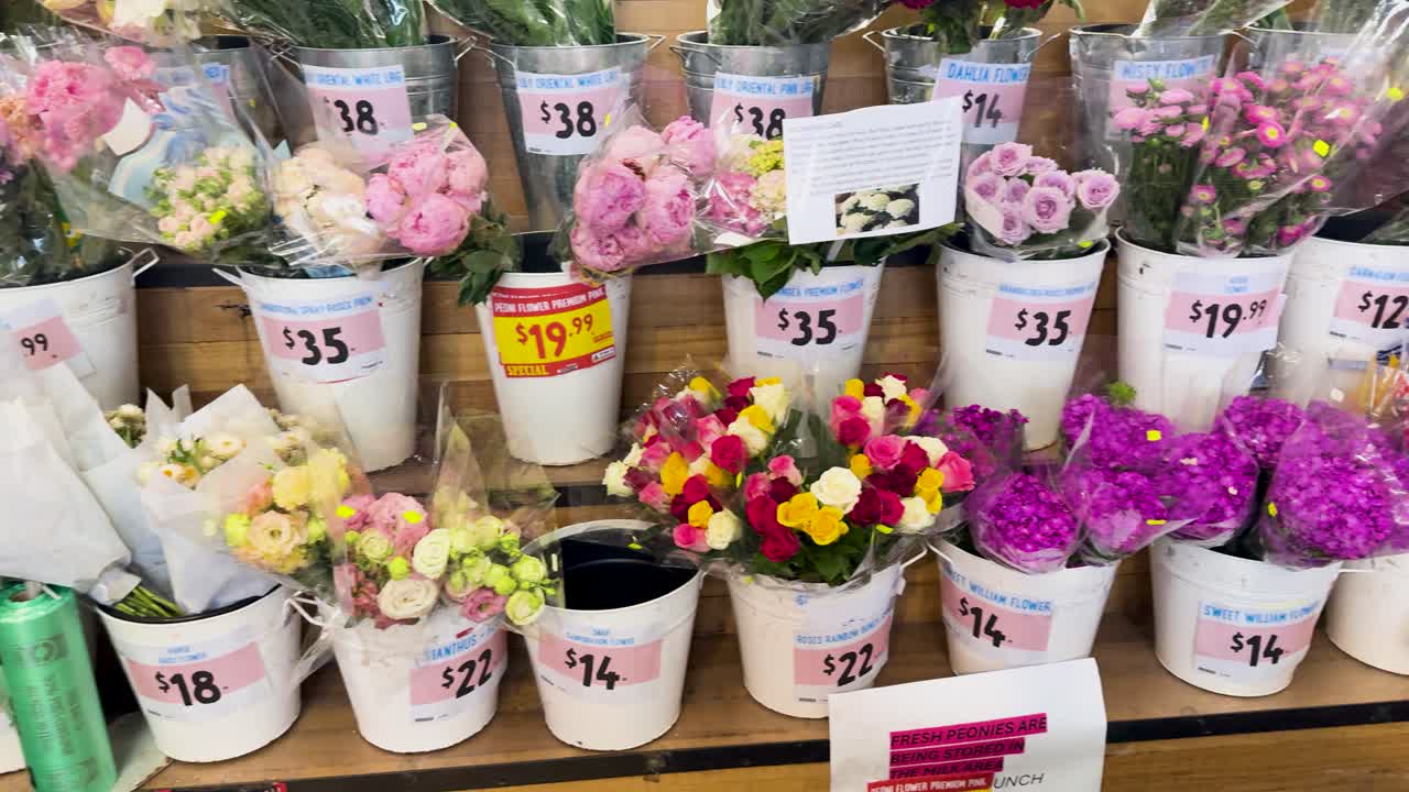 A colorful array of flowers in a florist shop, showcasing diverse arrangements under bright lighting