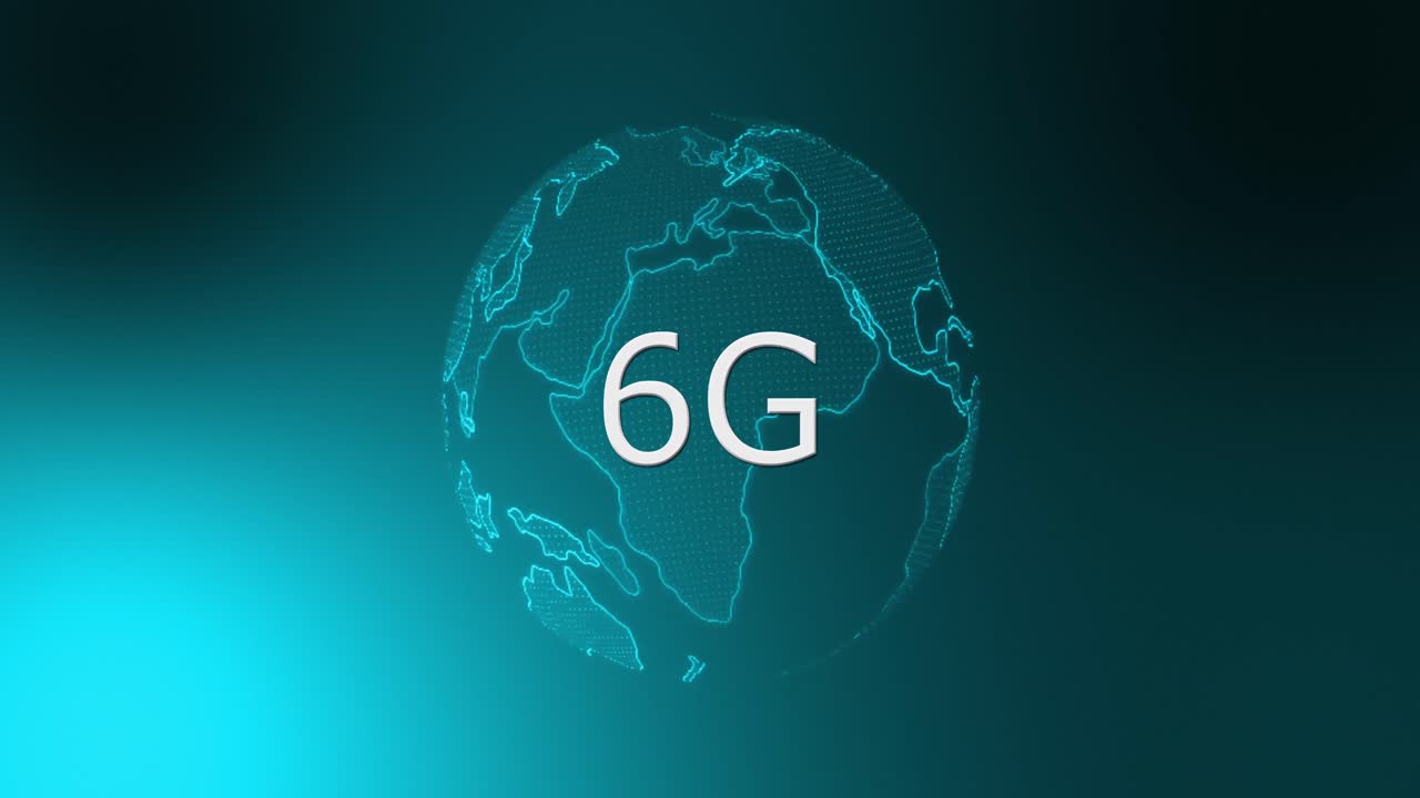 animación de un globo giratorio y 6g sobre fondo azul