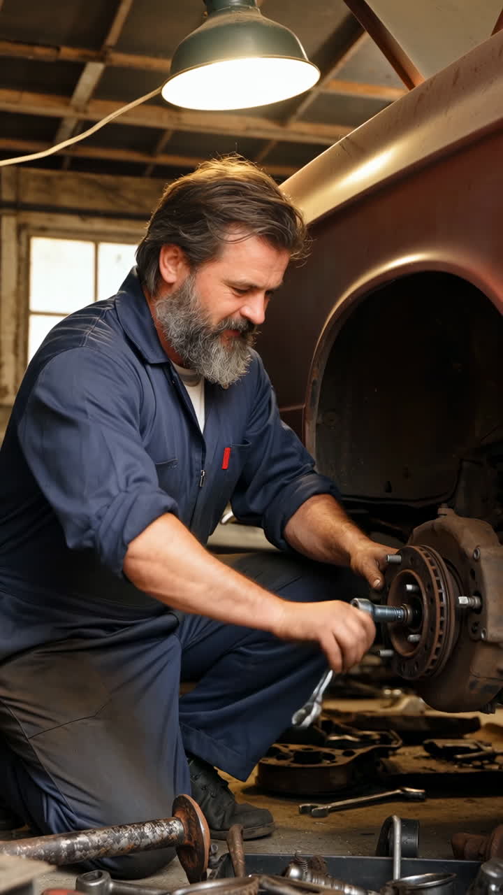 A mechanic working on car brakes in a garage