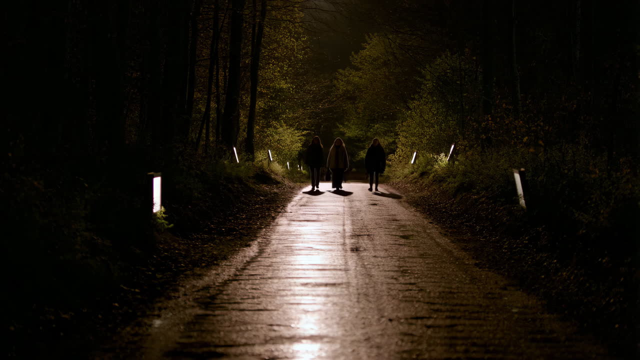 Three figures walk down an illuminated path in a dark forest at night