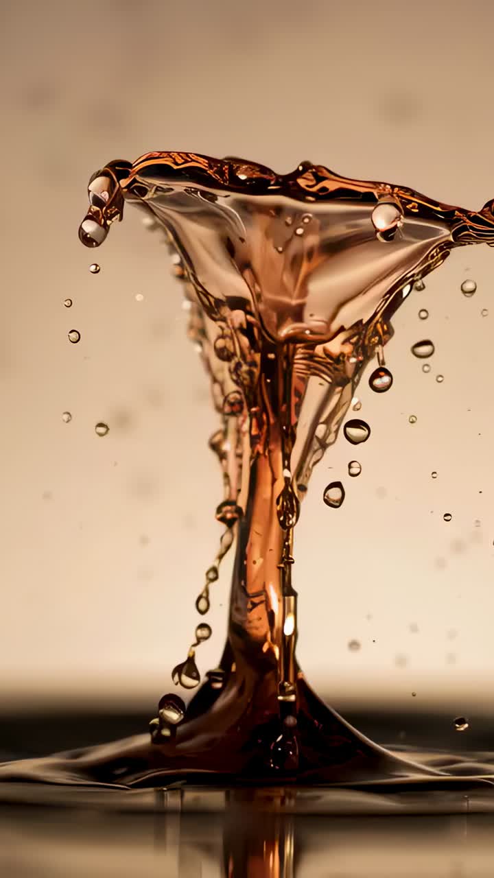 Vertical video: Rising amber liquid column forming cap in basin after drop impact, shedding drops