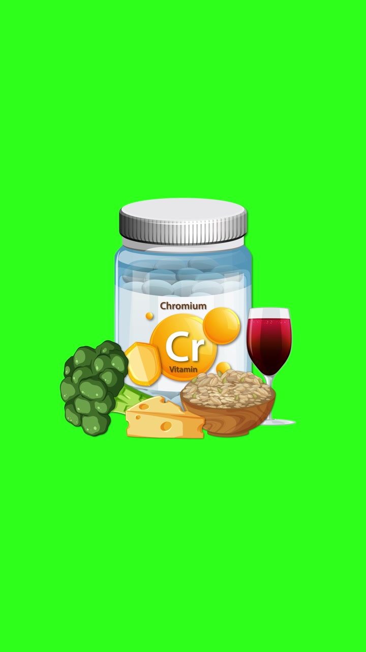 Un flacone di vitamine al cromo con broccoli, formaggio, cereali e vino appare su uno sfondo verde brillante