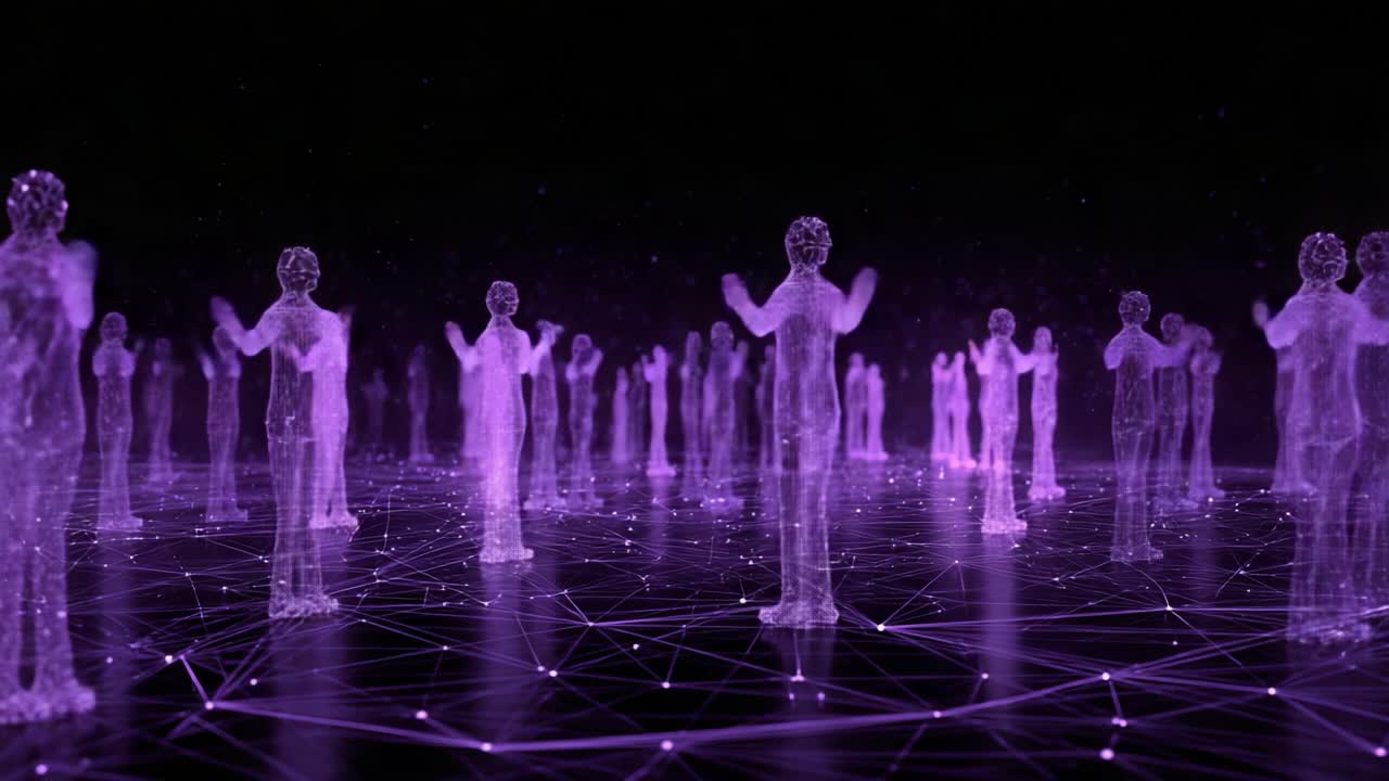 A digital representation of a crowd of abstract, glowing figures emerging from a vibrant network of connected particles, illustrating the intersection of technology, identity, and collective human presence, in hues of purple