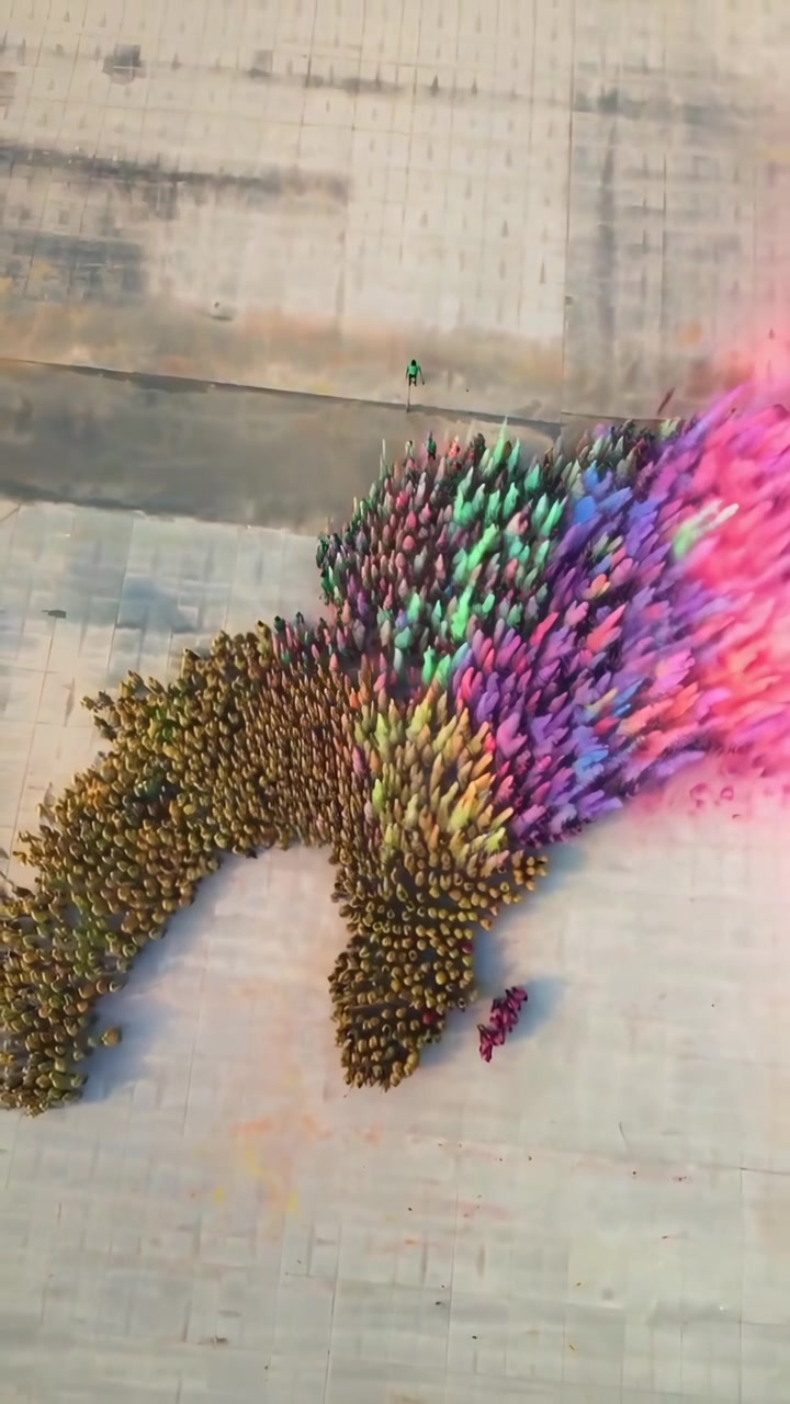 Large Group of People Forming a Shape and Throwing Colored Powder
