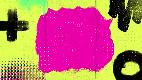 animation of white pixels moving over pink and black paint marks on yellow background