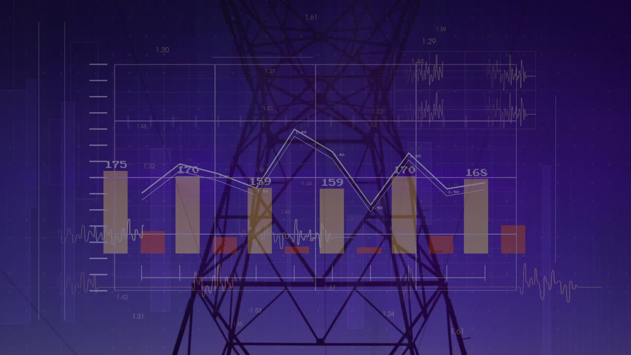 Power grid pylon being animated in data dashboard overlaying translucent bar charts and line graphs