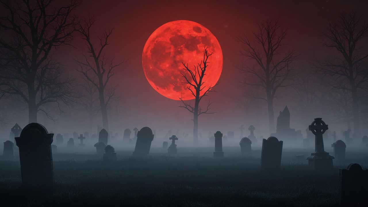 Un cimitero di una bellezza inquietante sotto una luna di sangue: ombre spettrali proiettate dalle lapidi nel cielo notturno nebbioso di un paesaggio enigmatico.