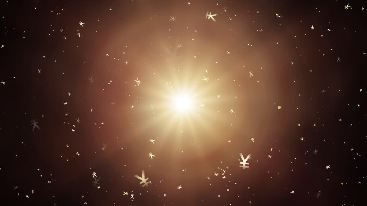 Rotating Golden Yen and Yuan Symbols Gliding Through a Glowing Abstract Background Representing Wealth, Finance, and Economic Prosperity