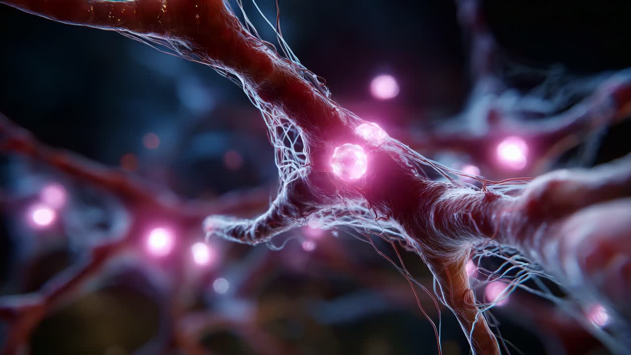 Close-up View of Neurons Showcasing Electric Signals and Synaptic Connections in a Vibrant Neural Network