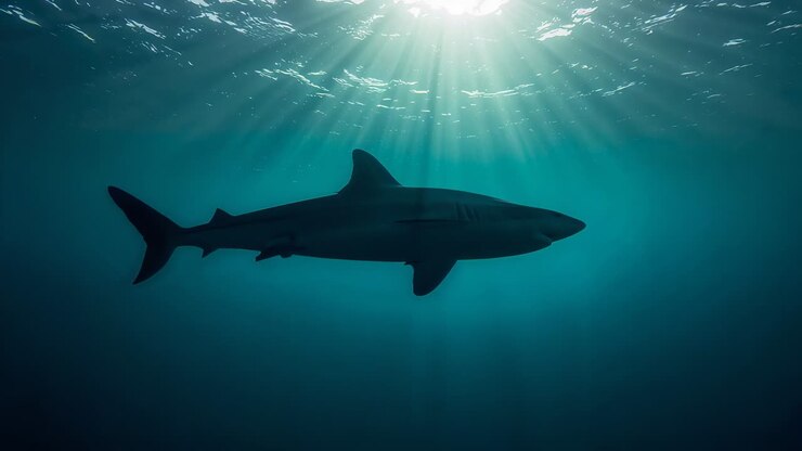 Gliding shark silhouette moving rightward in sunlit ocean, sunlight shafts driving steady patrol