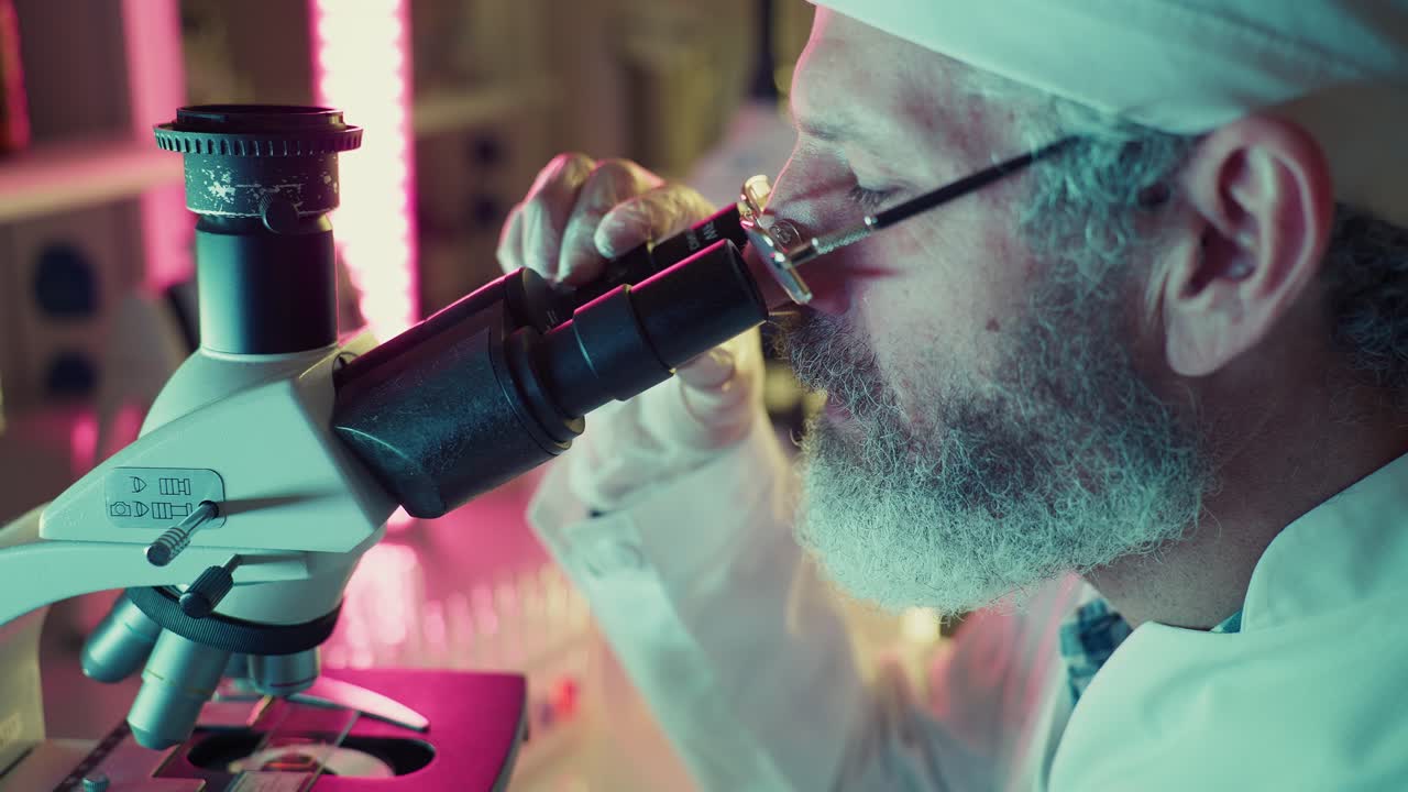 Scienziato barbuto che guarda attraverso un microscopio in laboratorio