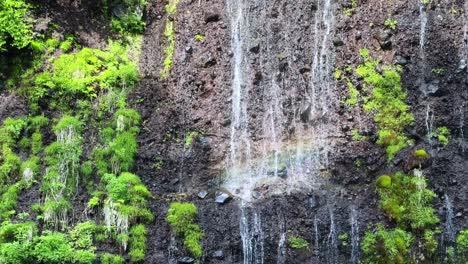 Shiraito Falls in Mount Fuji, cascading water down rocky terrain surrounded by lush greenery
