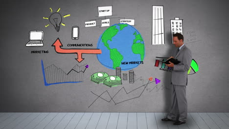 un hombre de negocios con un diario viendo un plan de negocios animado.