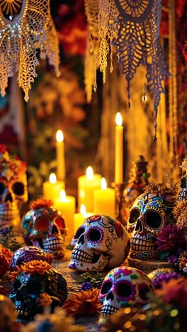 día del altar de los muertos con calaveras de azúcar y velas