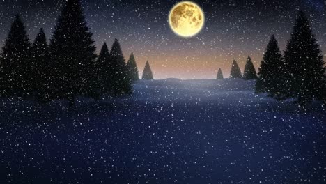 Animation-of-snow-falling-over-fir-trees-and-moon-in-winter-scenery