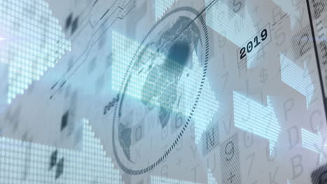 animación del globo y procesamiento de datos financieros sobre fondo blanco