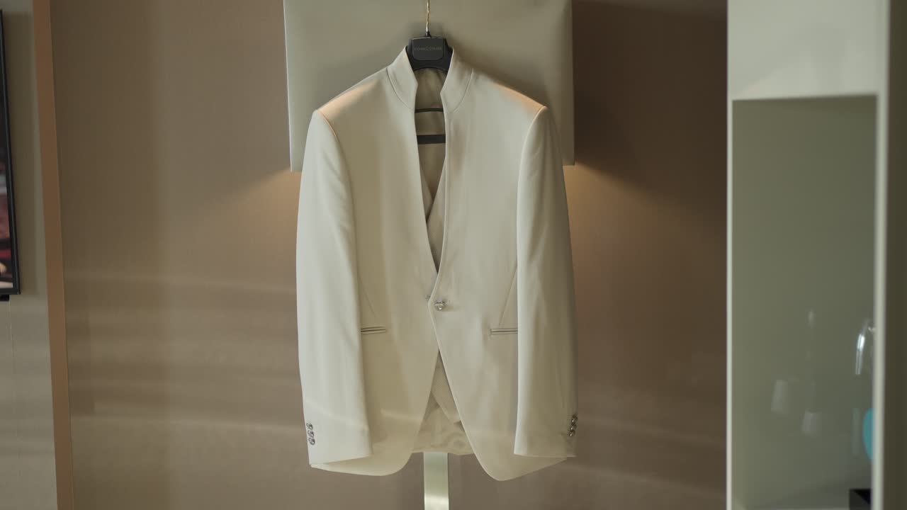 White suit jacket hangs neatly on a hanger, showcasing sleek and minimal design