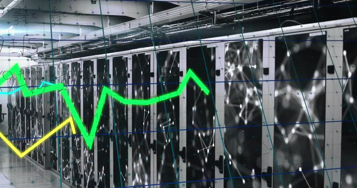 Sala server di un data center con grafici finanziari animati e connessioni di rete