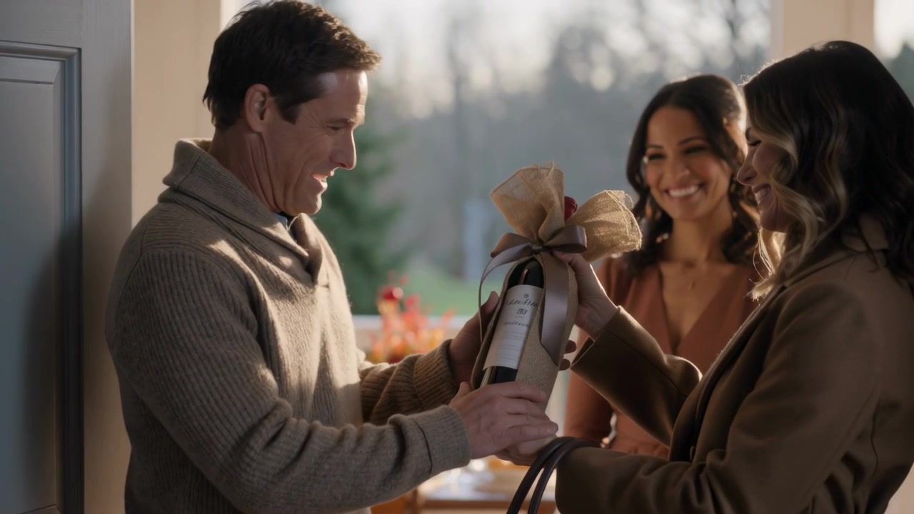 Opening front door, man in knit sweater greeting guests, accepting wrapped wine bottle for dinner