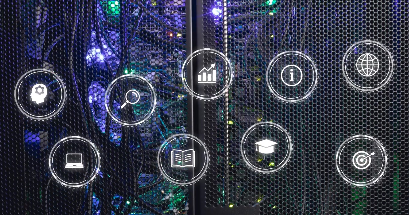 Animation of icon in circles over illuminated server rack in server room
